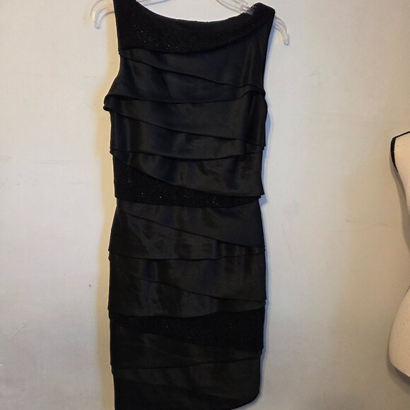 Alex Evening 10 Black Satin Layered Sleeveless Dress w/Side Zipper. - Picture 1 of 7